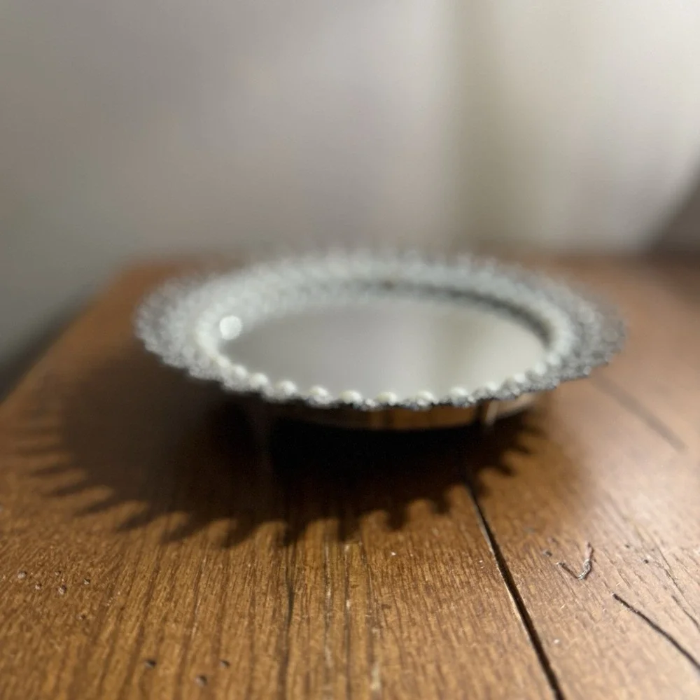 Pier 1 Silver Glass Mirror Trinket Tray Platter Pearl Elegant
